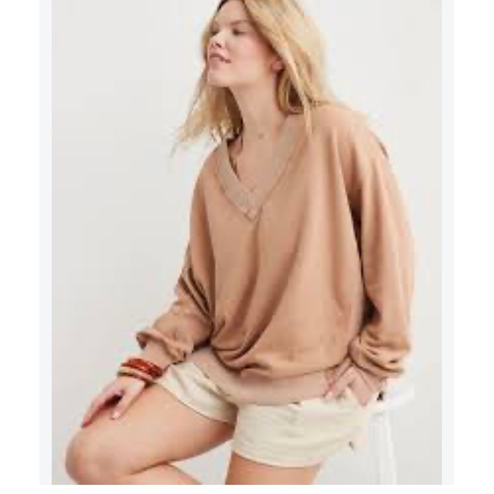 Aerie Vacay Every Day V Neck Waffle Knit Pullover Sweatshirt S Cottagecore Boho